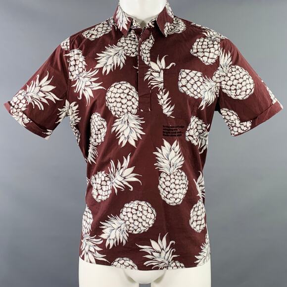 VALENTINO Size M Brown White Pineapple Print Cotton Pop Over Short Sleeve Shirt - Picture 1 of 15